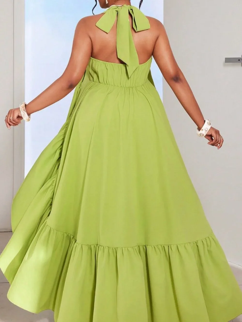 Green Casual Women's Plus Size Pleated Tie Neck Long Shirt